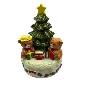 VTG Happy Bears Musical Jingle Bells Revolving Christmas Tree Glazed Ceramic
